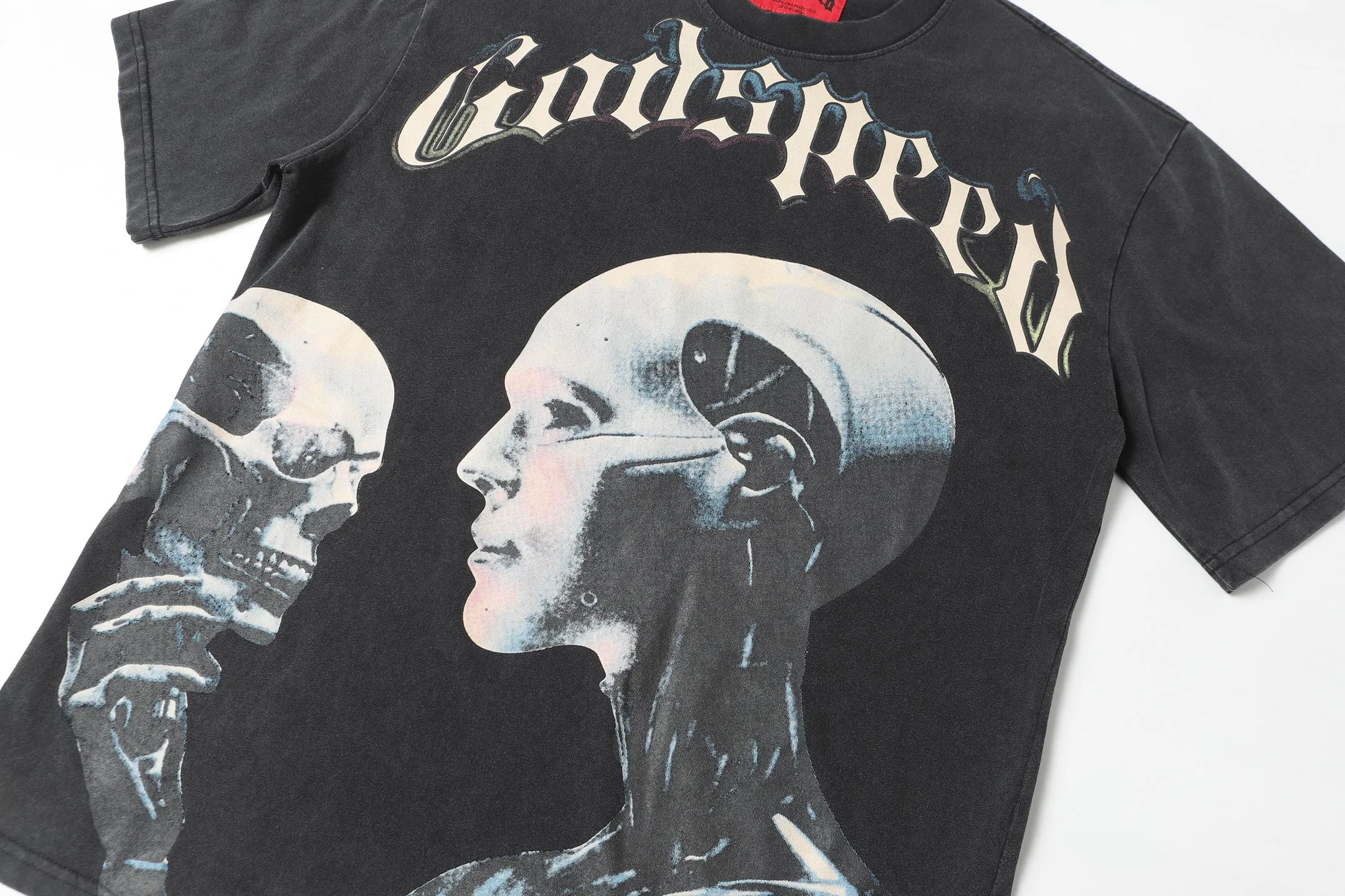 6018#washed black｜P116 Godspeed cross-border American rock and roll street washed retro style short-sleeved T (craft printing) fabric (fabric): 32 count combed double yarn 250g weight size (size): S-M-L-XL color (colour): washed black 👉