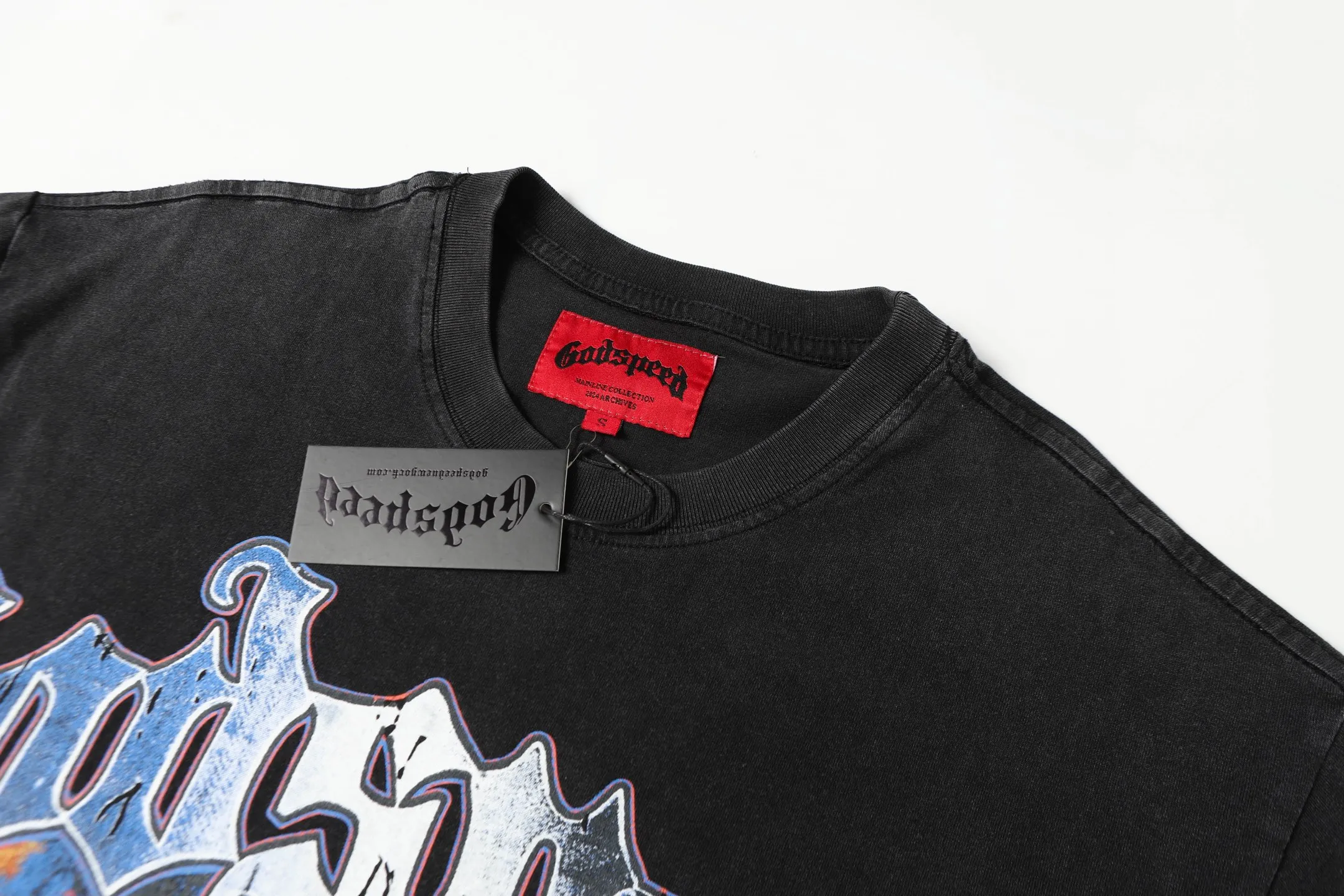 6051#washed black｜P116 Godspeed cross-border American rock and roll street washed retro style short-sleeved T (craft printing) fabric (fabric): 32 count combed double yarn 250g weight code number (size): S-M-L-XL color (colour): washed black