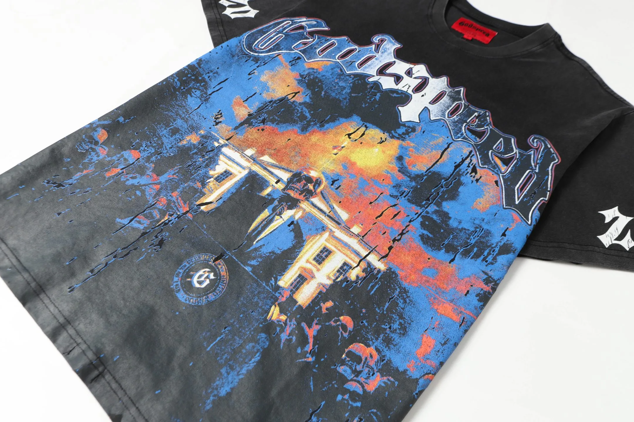 6051#washed black｜P116 Godspeed cross-border American rock and roll street washed retro style short-sleeved T (craft printing) fabric (fabric): 32 count combed double yarn 250g weight code number (size): S-M-L-XL color (colour): washed black