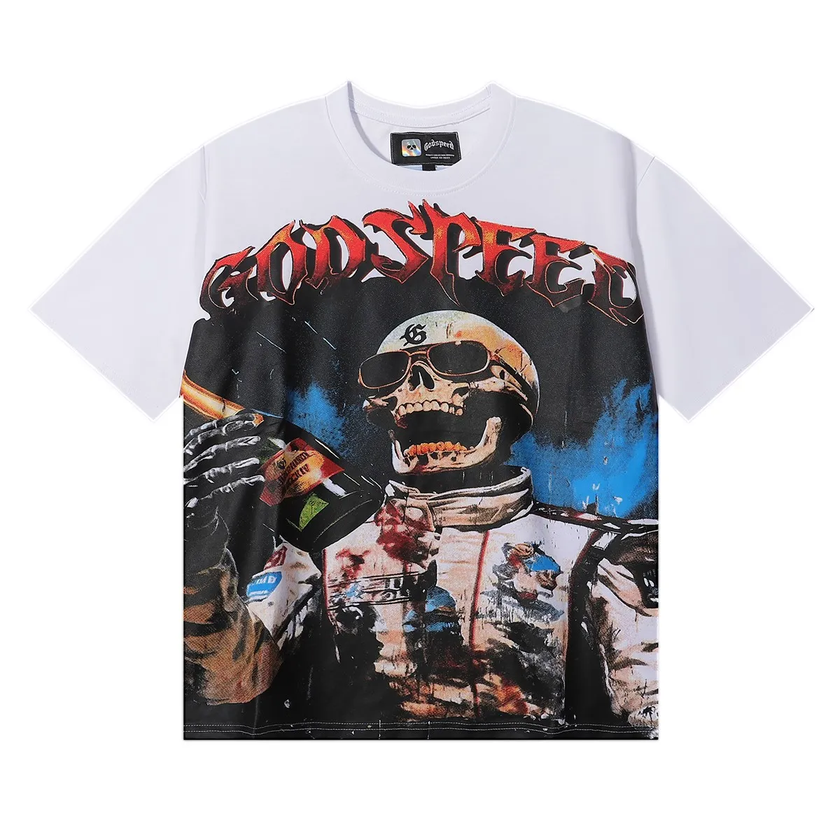 No. 7015, 2025 new Godspeed racer F1 champagne printed high-quality double yarn pure cotton casual short-sleeved T-shirt batch 110 Color: black, white; Size: S M L XL