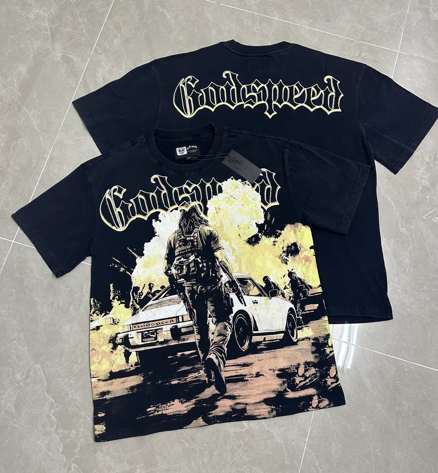 6137# Washed black I P116 Real stock (American fashion niche) Godspeed cross-border American rock street washed retro style short-sleeved T (craft printing) Fabric (fabric): 32 counts combed double yarn 250 grams weight Size (size): S-M-L-XL Color (colour): Washed black