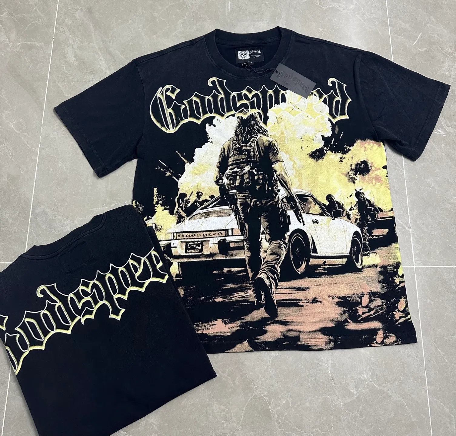 6137# Washed black I P116 Real stock (American fashion niche) Godspeed cross-border American rock street washed retro style short-sleeved T (craft printing) Fabric (fabric): 32 counts combed double yarn 250 grams weight Size (size): S-M-L-XL Color (colour): Washed black