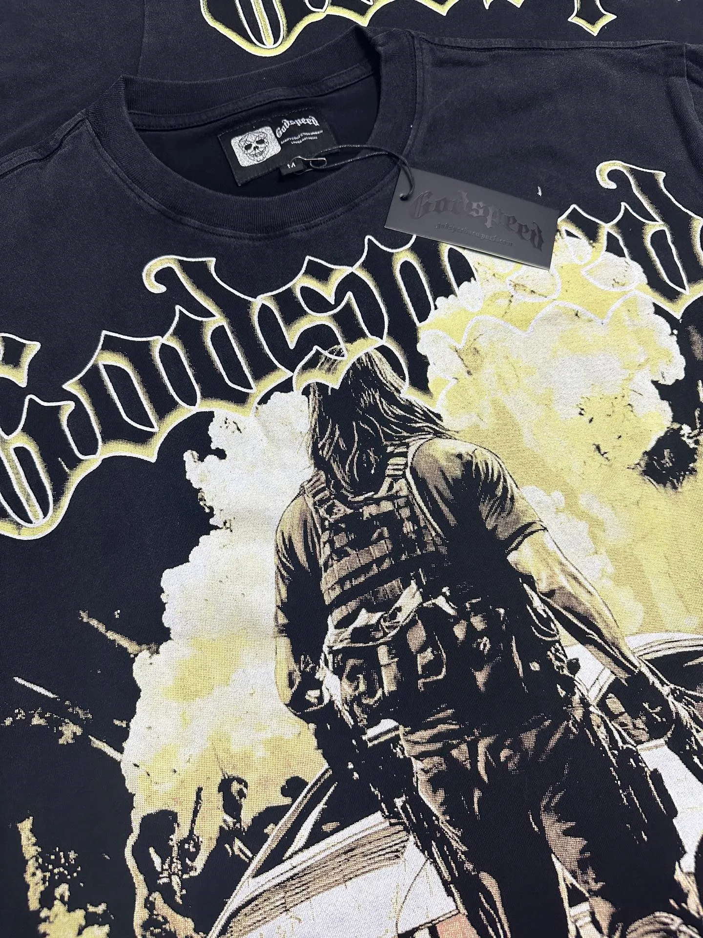6137# Washed black I P116 Real stock (American fashion niche) Godspeed cross-border American rock street washed retro style short-sleeved T (craft printing) Fabric (fabric): 32 counts combed double yarn 250 grams weight Size (size): S-M-L-XL Color (colour): Washed black