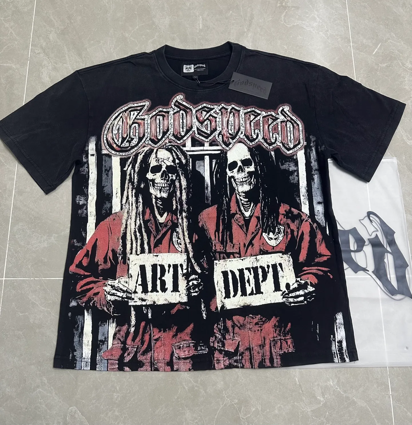 6119#washed retro black｜P116 Godspeed cross-border American rock and roll street washed retro style short-sleeved T (craft printing) fabric (fabric): 32 count combed double yarn 250g weight code number (size): S-M-L-XL color (colour): washed black