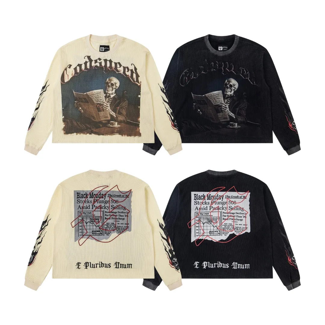 G16# GodSpeed ​​white ink direct spray long-sleeved waffle S-XL washed black P186 apricot P176