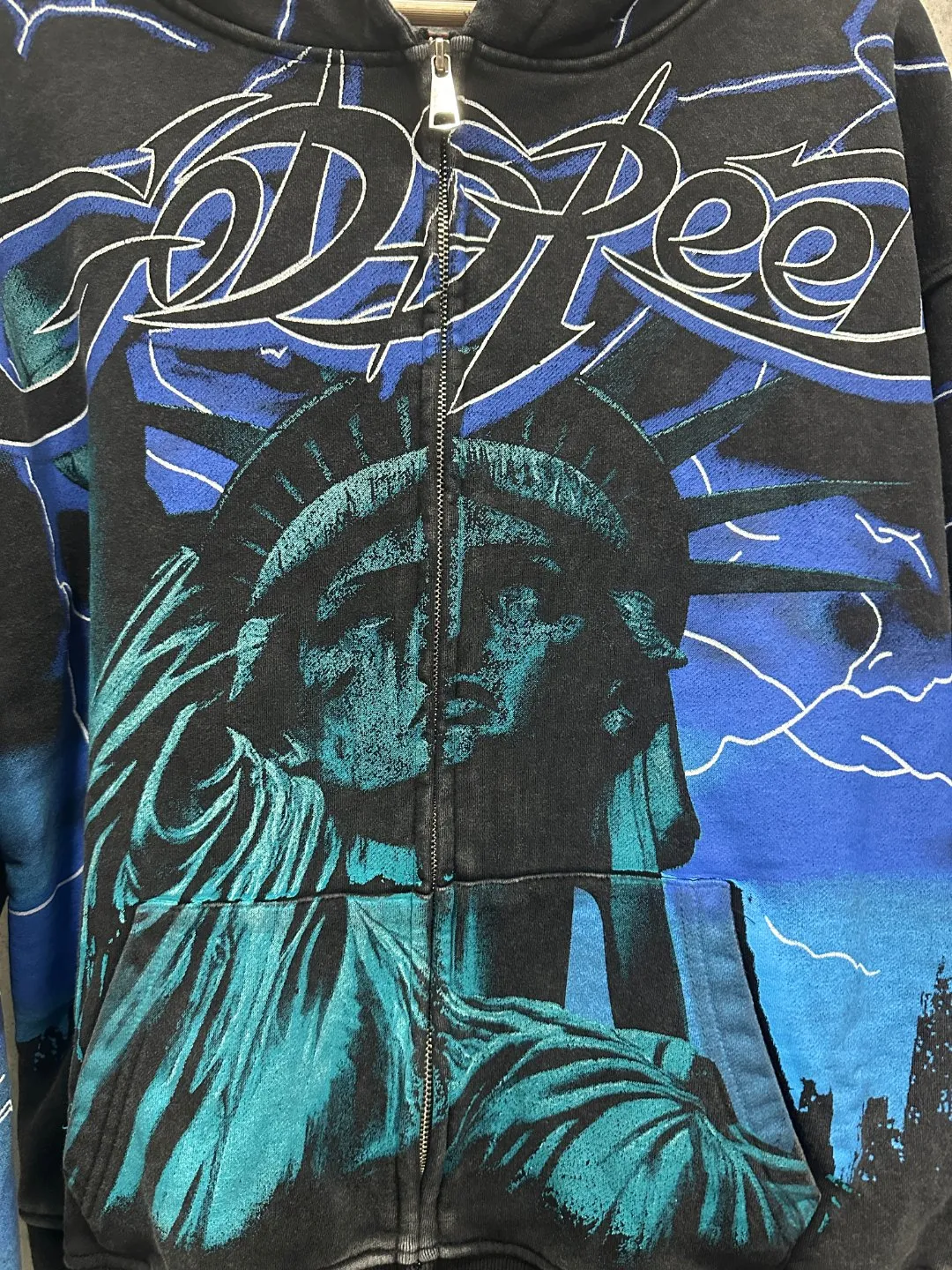 G56# GodSpeed ​​all-over HD printed washed zipper sweatshirt Size S-XL black blue black red black yellow P266
