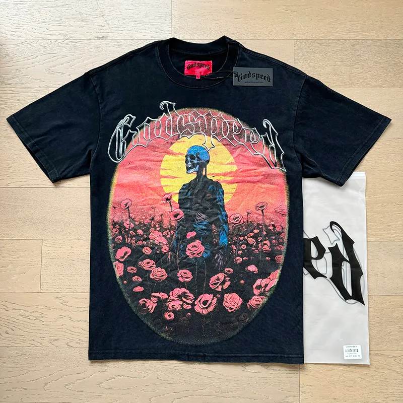 1077# P126 Washed Black Real Shot Godspeed American Fashion Rock Street Retro Washed Distressed Printed Pure Cotton Short Sleeves Fabric: 250g 32 Count Fine Cotton Double Yarn Pure Cotton Color: Washed Black Size: S M L XL