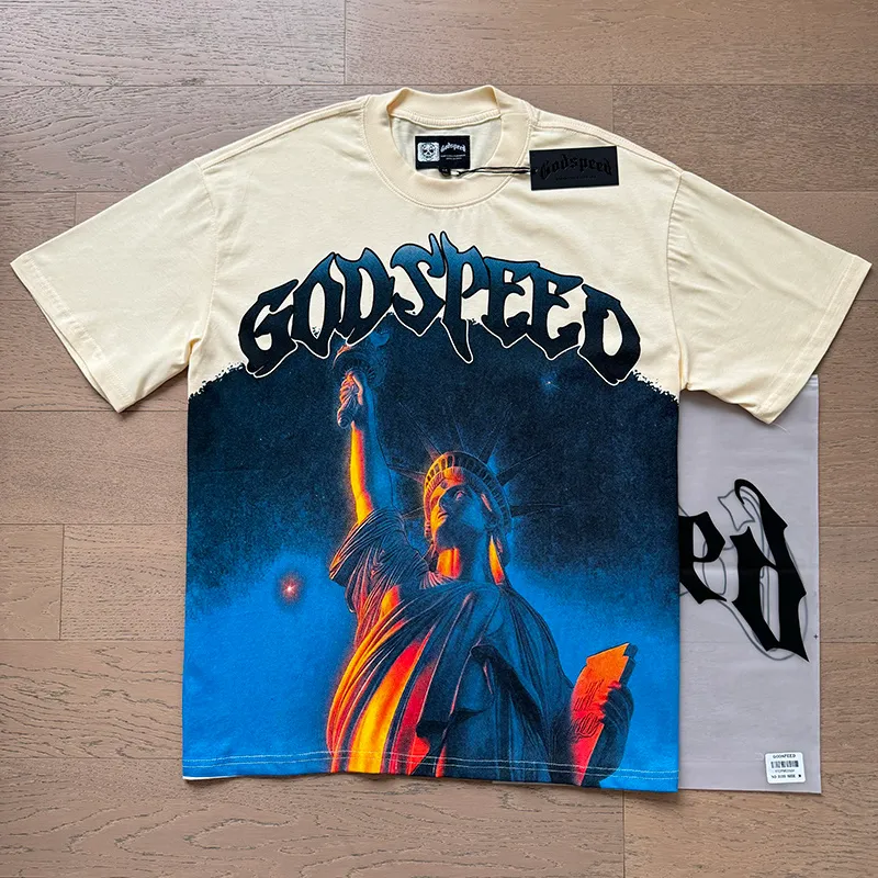 3133# P106 Real shot Godspeed American fashion rock street retro loose printed cotton short sleeves Fabric: 240g 32 count fine cotton double yarn pure cotton Color: apricot Size: S M L XL