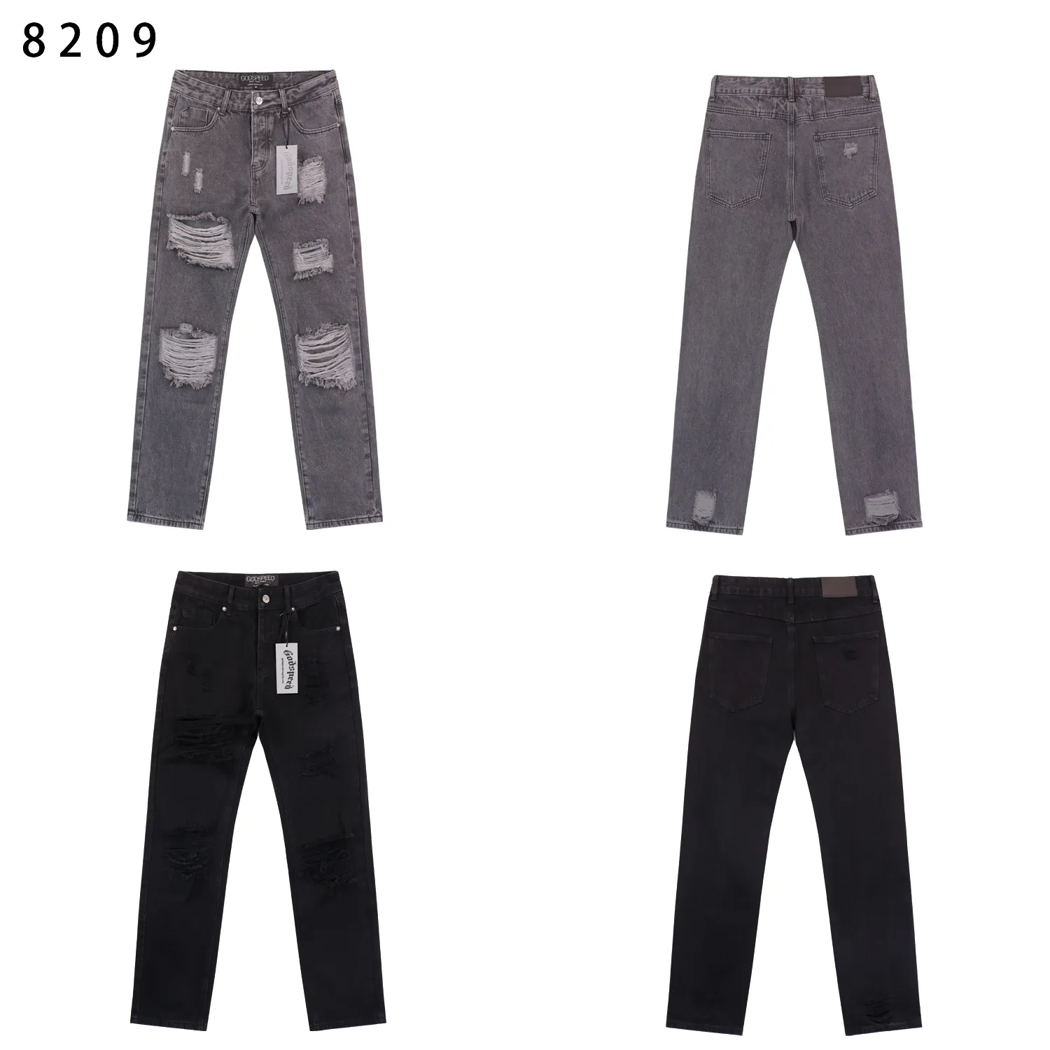 Style No.: 8209 Fabric: Denim P170 Real shot of the trendy Godspeed denim trousers in stock, loose and trendy brand denim Color: Smoke Gray Black Size 28 (S) 30 (M) 32 (L) 34 (XL) 36 (XXL) 38 (XXXL)