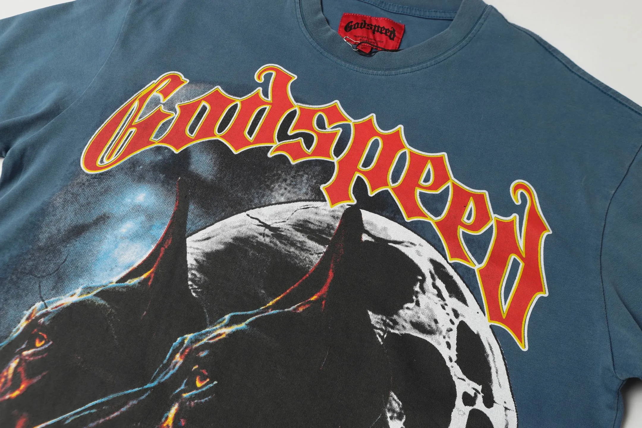 6001# washed black/denim blue｜P116 Godspeed cross-border American rock and roll street washed retro style short-sleeved T (craft print) fabric (fabric): washed black, blue: 32 count combed double yarn 250g weight code (size): S-M-L-XL color (colour): washed black, washed blue