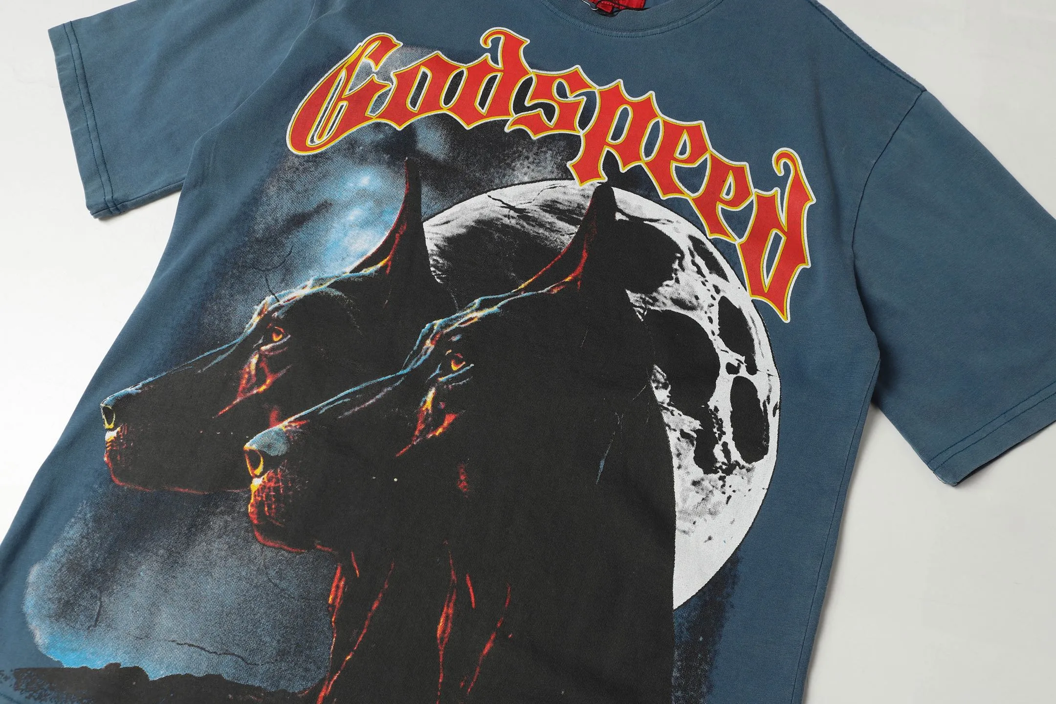 6001# washed black/denim blue｜P116 Godspeed cross-border American rock and roll street washed retro style short-sleeved T (craft print) fabric (fabric): washed black, blue: 32 count combed double yarn 250g weight code (size): S-M-L-XL color (colour): washed black, washed blue