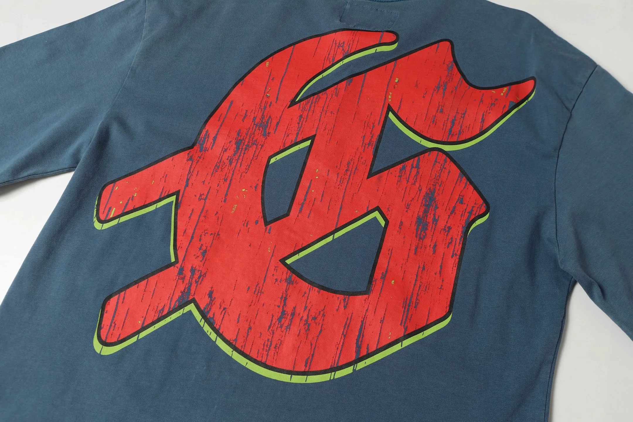 6001# washed black/denim blue｜P116 Godspeed cross-border American rock and roll street washed retro style short-sleeved T (craft print) fabric (fabric): washed black, blue: 32 count combed double yarn 250g weight code (size): S-M-L-XL color (colour): washed black, washed blue