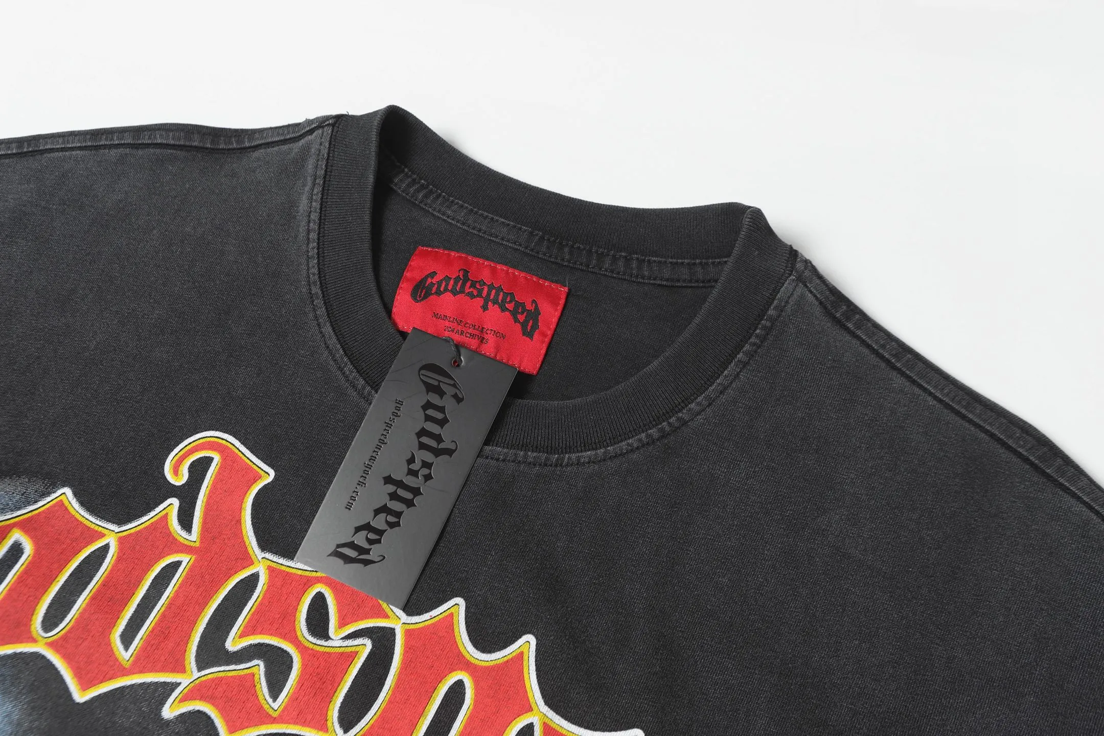 6001# washed black/denim blue｜P116 Godspeed cross-border American rock and roll street washed retro style short-sleeved T (craft print) fabric (fabric): washed black, blue: 32 count combed double yarn 250g weight code (size): S-M-L-XL color (colour): washed black, washed blue