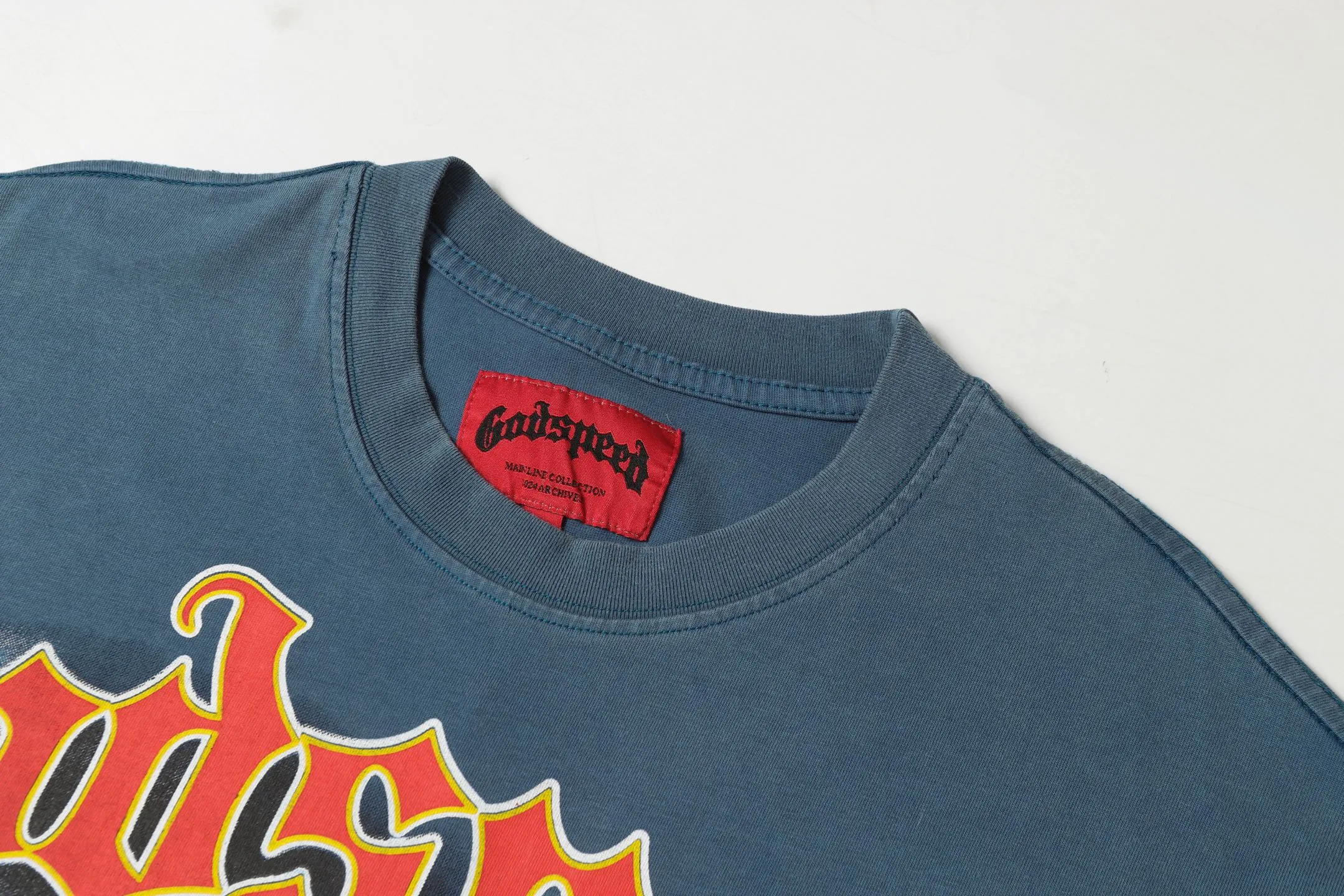 6001# washed black/denim blue｜P116 Godspeed cross-border American rock and roll street washed retro style short-sleeved T (craft print) fabric (fabric): washed black, blue: 32 count combed double yarn 250g weight code (size): S-M-L-XL color (colour): washed black, washed blue