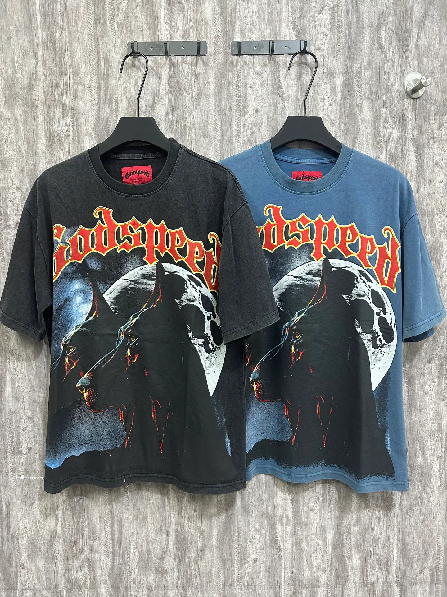 6001# washed black/denim blue｜P116 Godspeed cross-border American rock and roll street washed retro style short-sleeved T (craft print) fabric (fabric): washed black, blue: 32 count combed double yarn 250g weight code (size): S-M-L-XL color (colour): washed black, washed blue