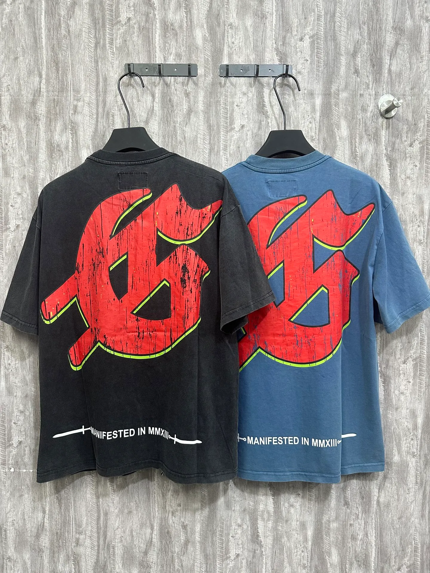 6001# washed black/denim blue｜P116 Godspeed cross-border American rock and roll street washed retro style short-sleeved T (craft print) fabric (fabric): washed black, blue: 32 count combed double yarn 250g weight code (size): S-M-L-XL color (colour): washed black, washed blue