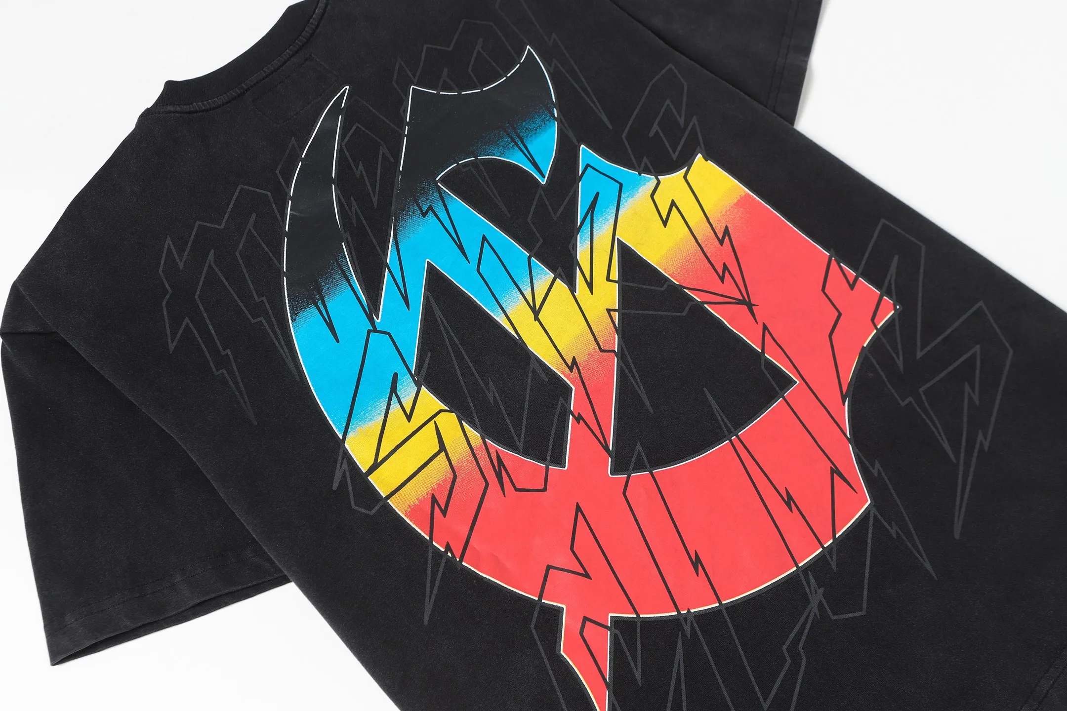 6083# washed black I P116 Godspeed cross-border American rock and roll street washed retro style short-sleeved T (craft printing) fabric (fabric): 32 count combed double yarn 250 grams weight code number (size): S-M-L-XL color (colour): washed black 👉
