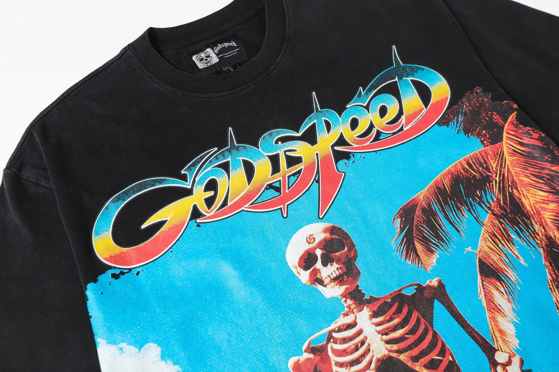 6083# washed black I P116 Godspeed cross-border American rock and roll street washed retro style short-sleeved T (craft printing) fabric (fabric): 32 count combed double yarn 250 grams weight code number (size): S-M-L-XL color (colour): washed black 👉