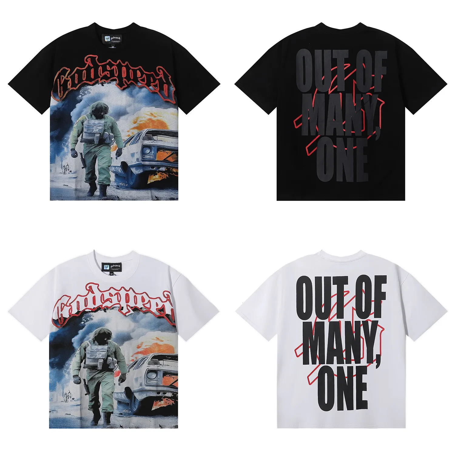 No. 7010, Mechao Godspeed war flame car print high weight double yarn pure cotton casual short-sleeved T-shirt batch 110 Color: black, white; Size: S M L XL