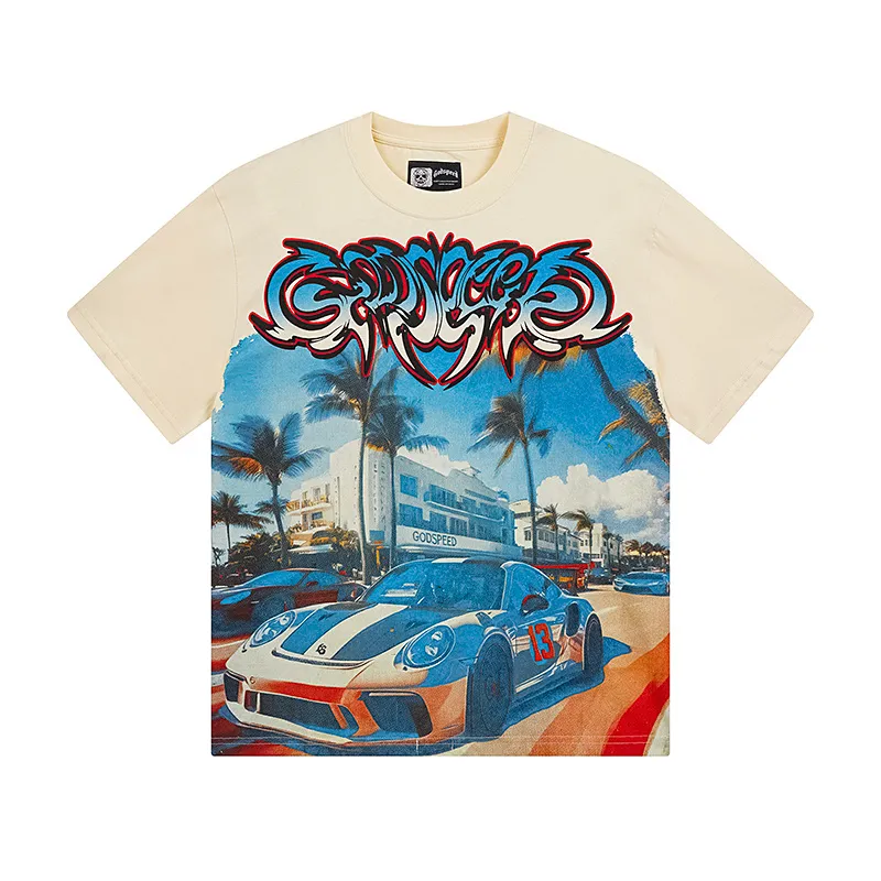 3113# P106 Real shot Godspeed American fashion rock street retro loose printed cotton short sleeves Fabric: 240g 32 count fine cotton double yarn pure cotton Color: apricot Size: S M L XL