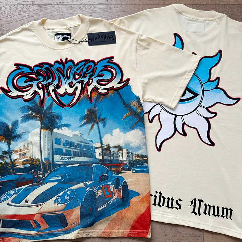 3113# P106 Real shot Godspeed American fashion rock street retro loose printed cotton short sleeves Fabric: 240g 32 count fine cotton double yarn pure cotton Color: apricot Size: S M L XL