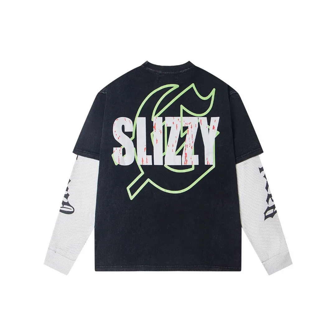 G37# GodSpeed ​​washed printed spliced ​​waffle long sleeves S-XL size washed black P146 apricot P136
