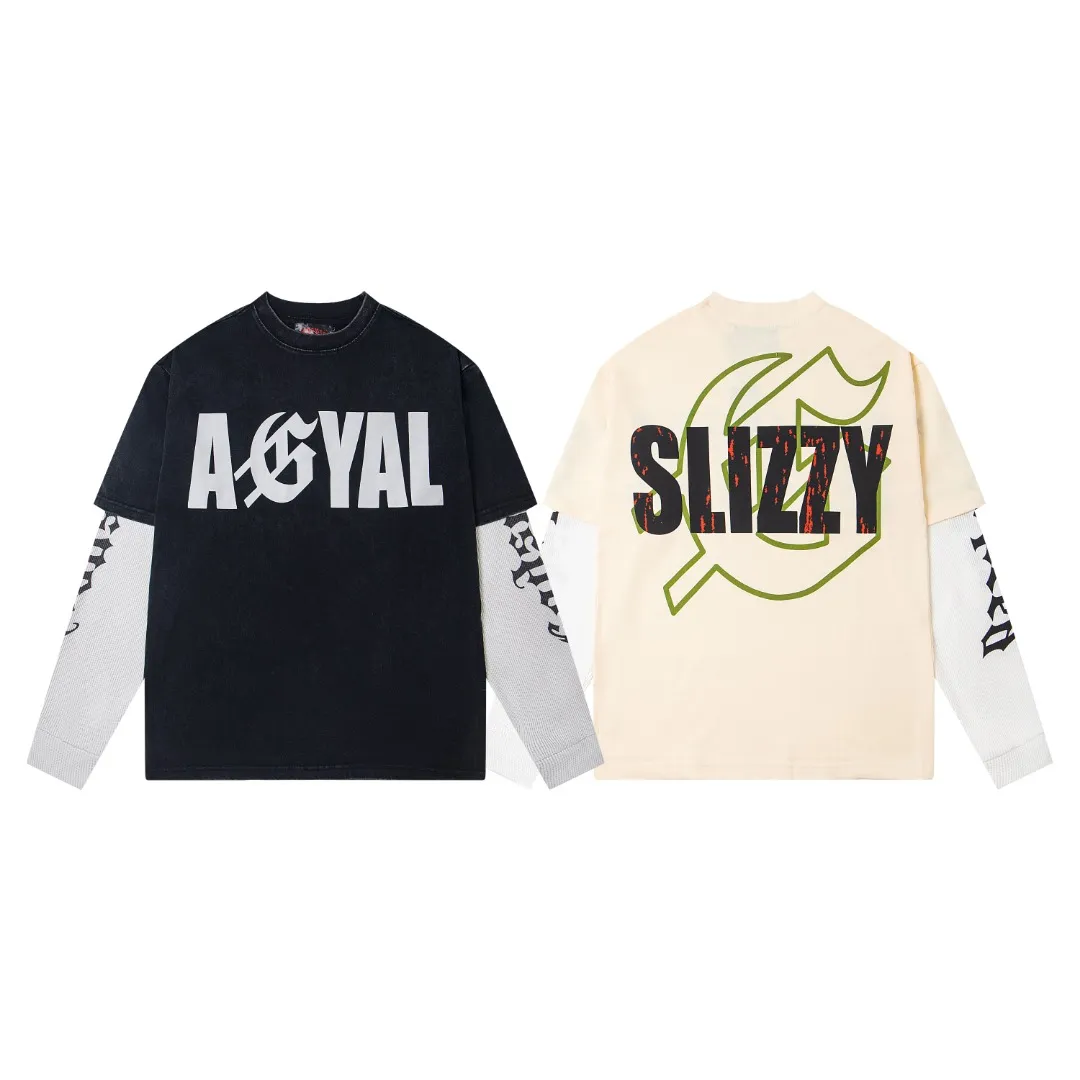 G37# GodSpeed ​​washed printed spliced ​​waffle long sleeves S-XL size washed black P146 apricot P136