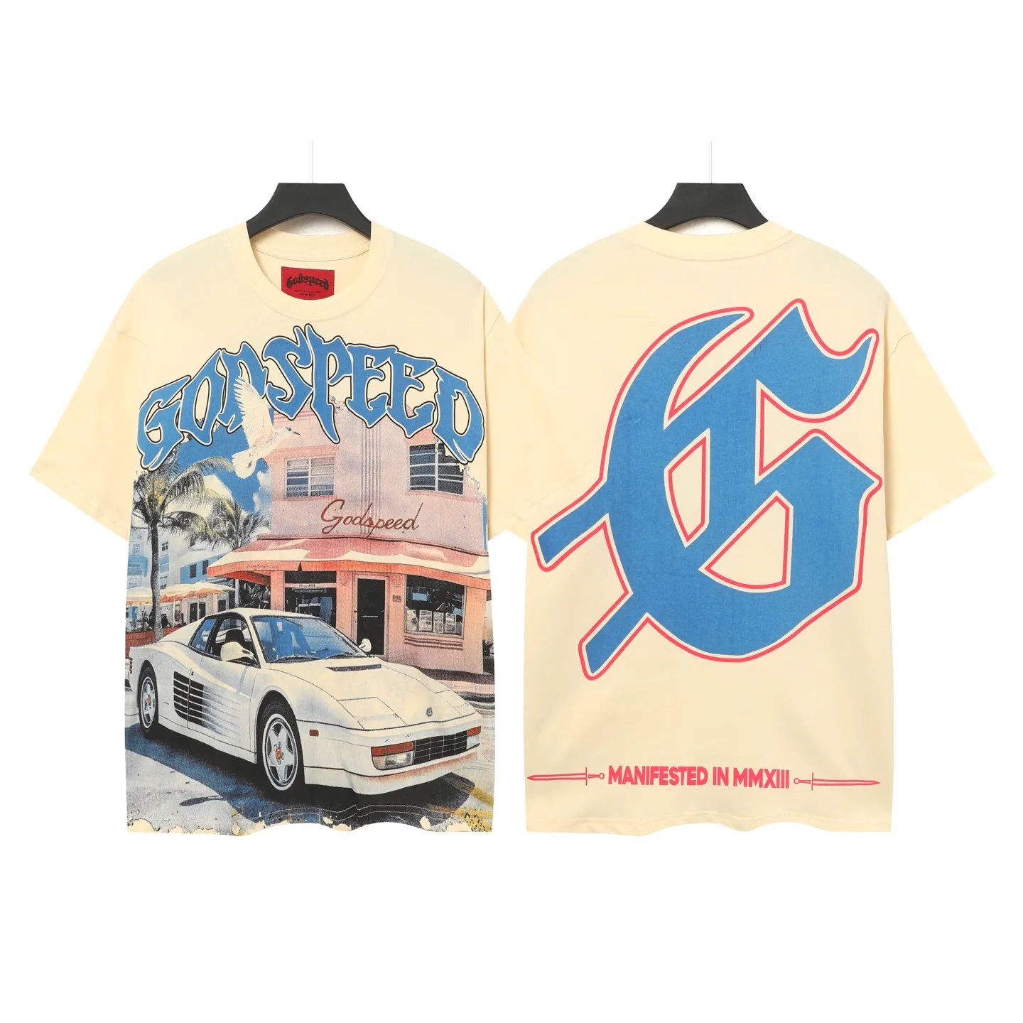 5057#Apricot｜P104 Godspeed cross-border American rock and roll street washed retro style short-sleeved T (craft printing) fabric (fabric) 32 counts combed double yarn 240 grams weight code number (size): S-M-L-XL color (colour): apricot