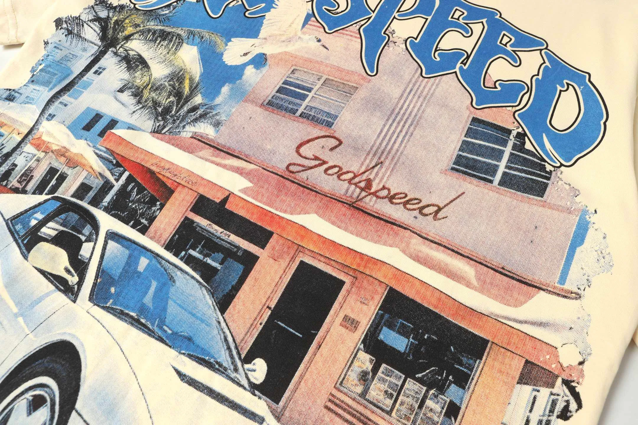 5057#Apricot｜P104 Godspeed cross-border American rock and roll street washed retro style short-sleeved T (craft printing) fabric (fabric) 32 counts combed double yarn 240 grams weight code number (size): S-M-L-XL color (colour): apricot
