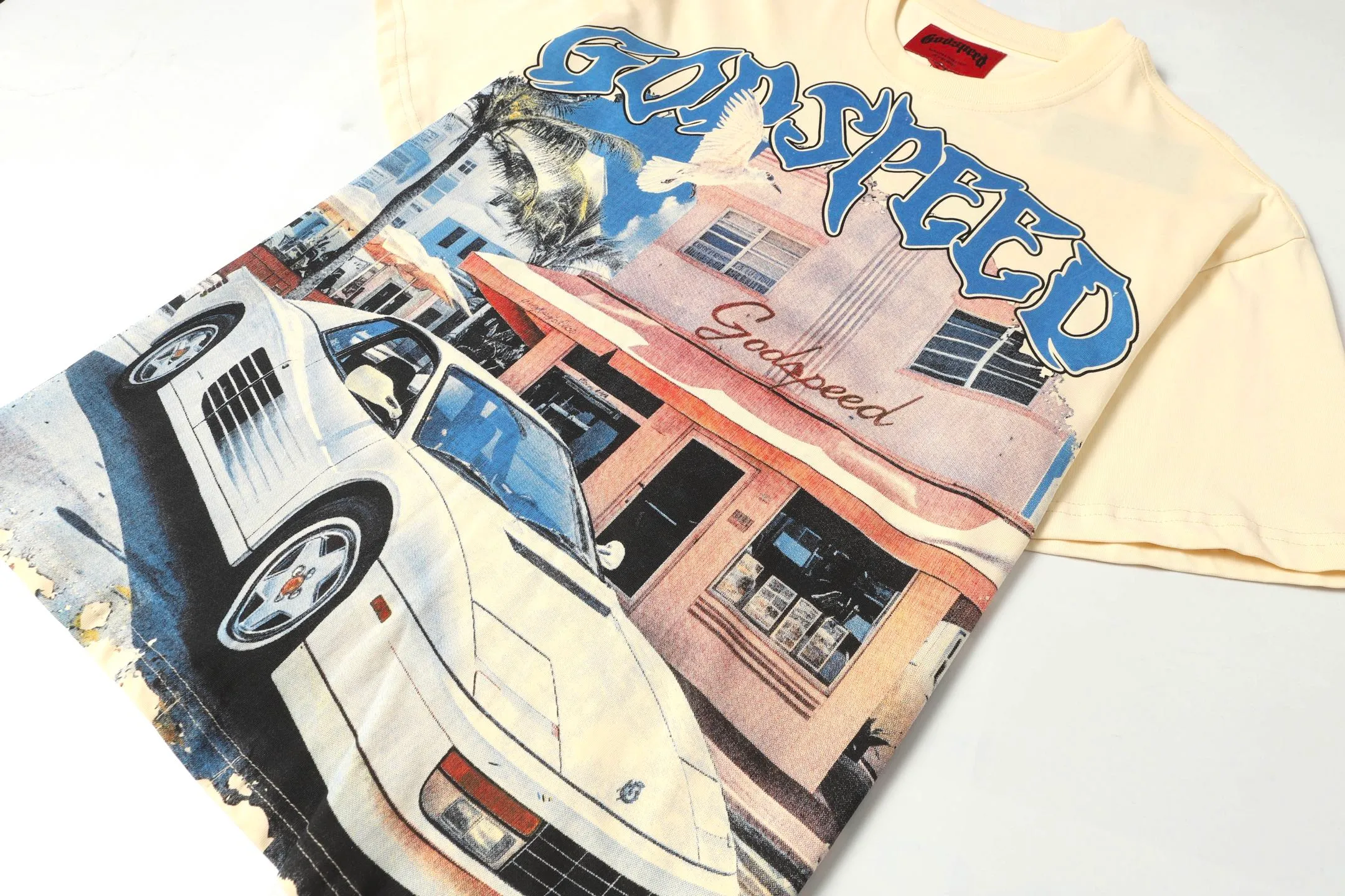 5057#Apricot｜P104 Godspeed cross-border American rock and roll street washed retro style short-sleeved T (craft printing) fabric (fabric) 32 counts combed double yarn 240 grams weight code number (size): S-M-L-XL color (colour): apricot