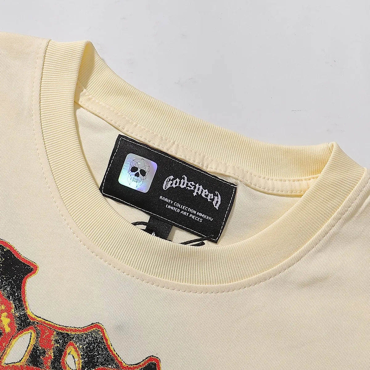 No. 7030, American trend Godspeed guitar skull denim print high quality double yarn casual round neck short-sleeved T-shirt batch 110 Color: black, apricot; Size: S M L XL