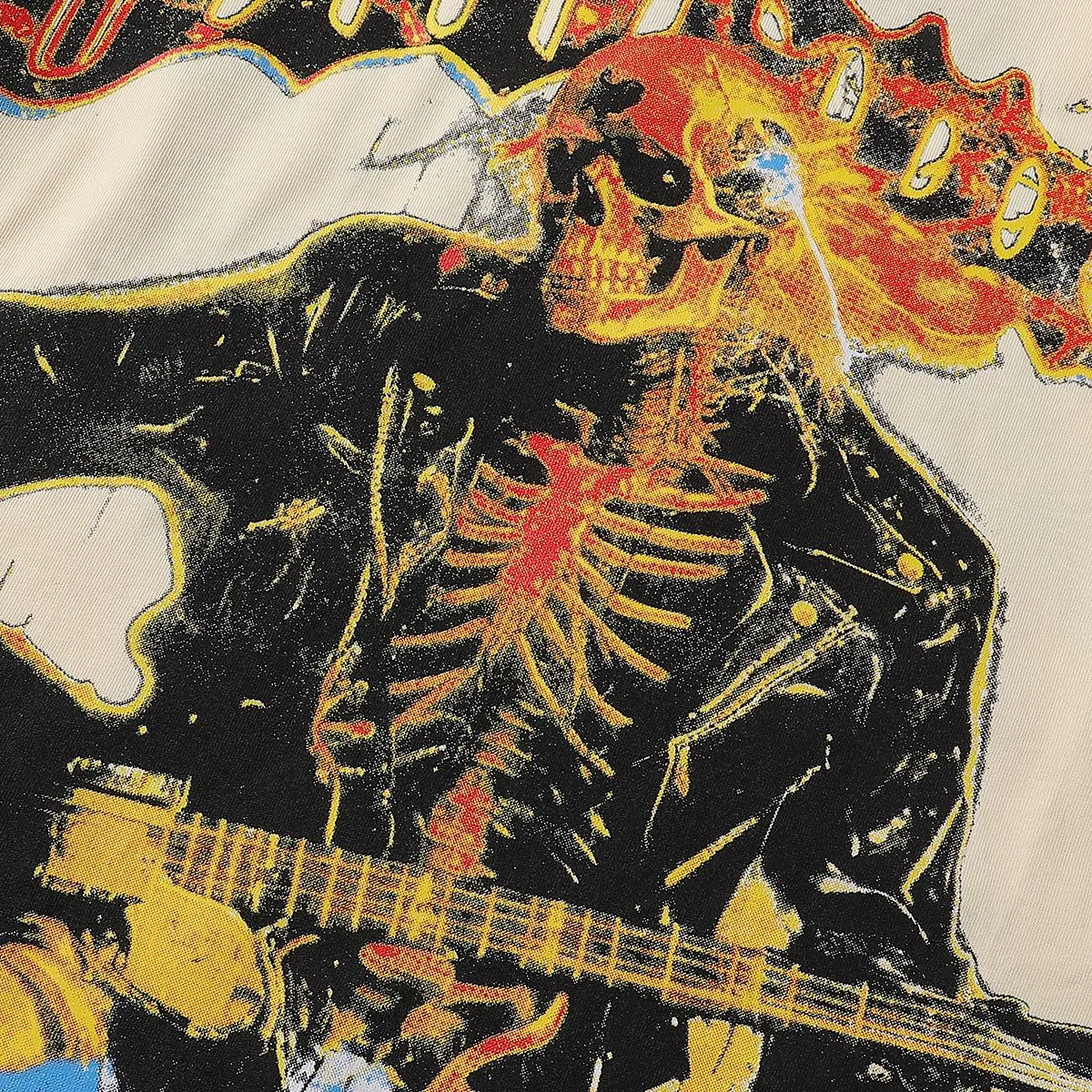 No. 7030, American trend Godspeed guitar skull denim print high quality double yarn casual round neck short-sleeved T-shirt batch 110 Color: black, apricot; Size: S M L XL