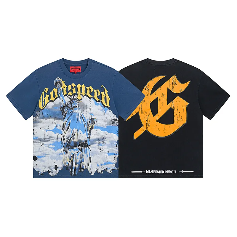 1015# P126 Washed model Real shot Godspeed American fashion rock street retro washed distressed printed cotton short sleeves Fabric: 250g 32 count fine cotton double yarn pure cotton Color: washed black washed blue Code number: S M L XL
