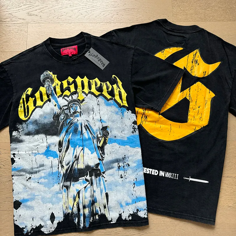 1015# P126 Washed model Real shot Godspeed American fashion rock street retro washed distressed printed cotton short sleeves Fabric: 250g 32 count fine cotton double yarn pure cotton Color: washed black washed blue Code number: S M L XL