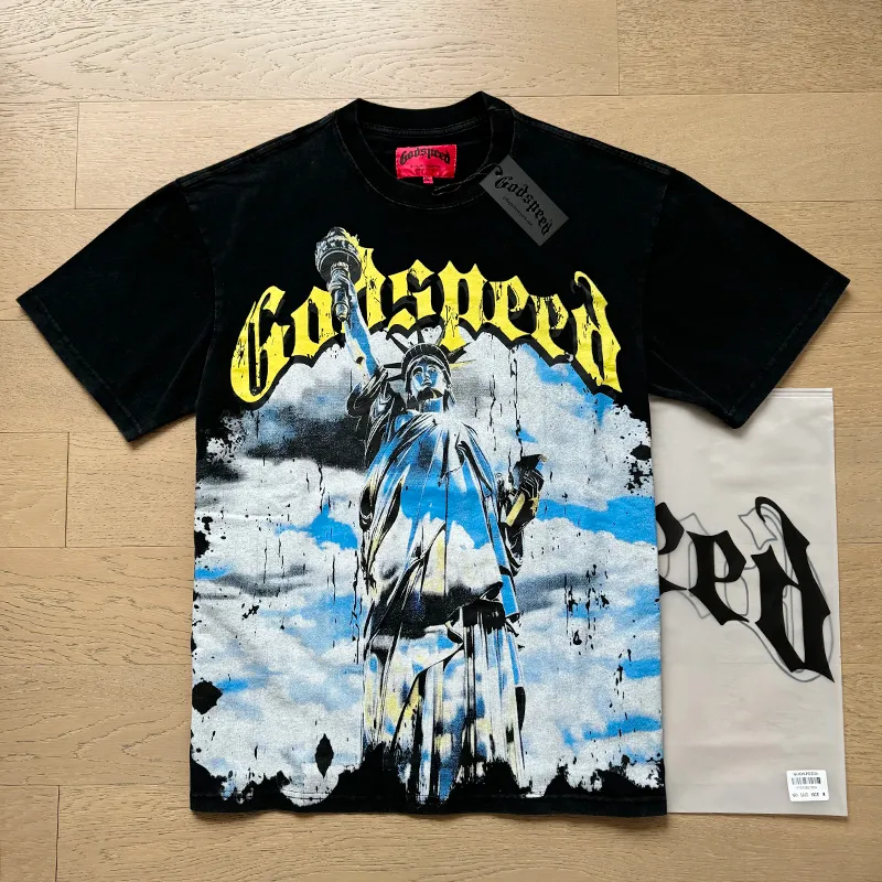 1015# P126 Washed model Real shot Godspeed American fashion rock street retro washed distressed printed cotton short sleeves Fabric: 250g 32 count fine cotton double yarn pure cotton Color: washed black washed blue Code number: S M L XL