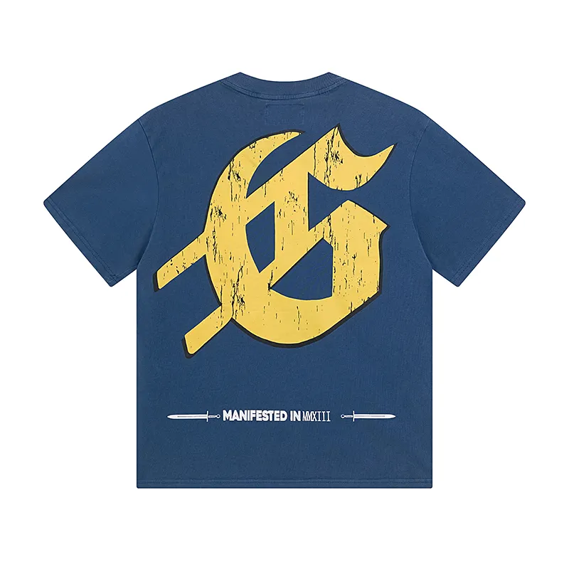 1015# P126 Washed model Real shot Godspeed American fashion rock street retro washed distressed printed cotton short sleeves Fabric: 250g 32 count fine cotton double yarn pure cotton Color: washed black washed blue Code number: S M L XL
