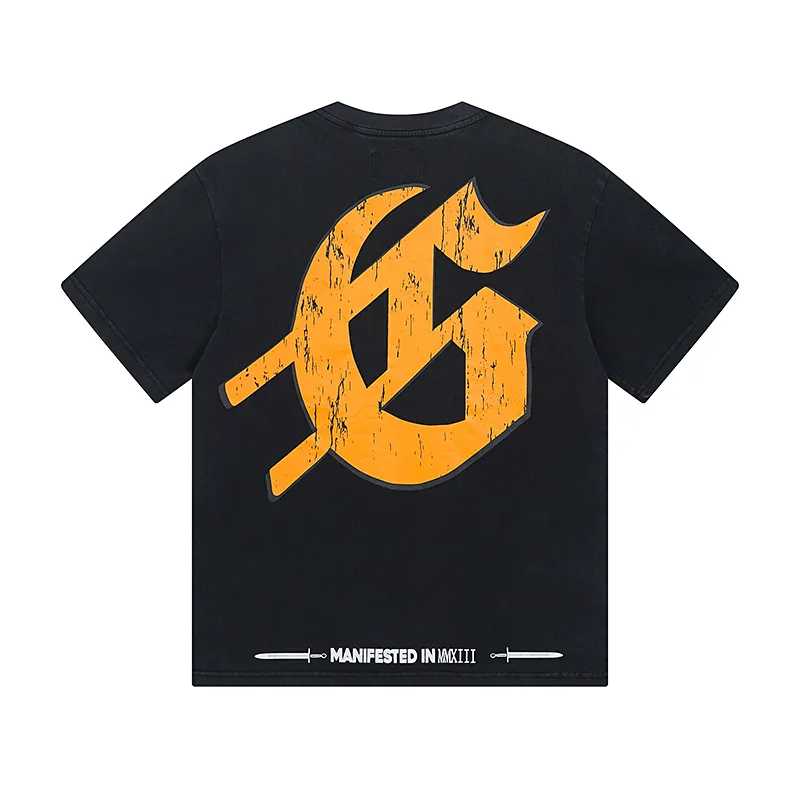 1015# P126 Washed model Real shot Godspeed American fashion rock street retro washed distressed printed cotton short sleeves Fabric: 250g 32 count fine cotton double yarn pure cotton Color: washed black washed blue Code number: S M L XL