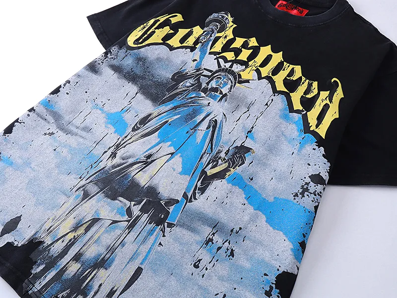 1015# P126 Washed model Real shot Godspeed American fashion rock street retro washed distressed printed cotton short sleeves Fabric: 250g 32 count fine cotton double yarn pure cotton Color: washed black washed blue Code number: S M L XL