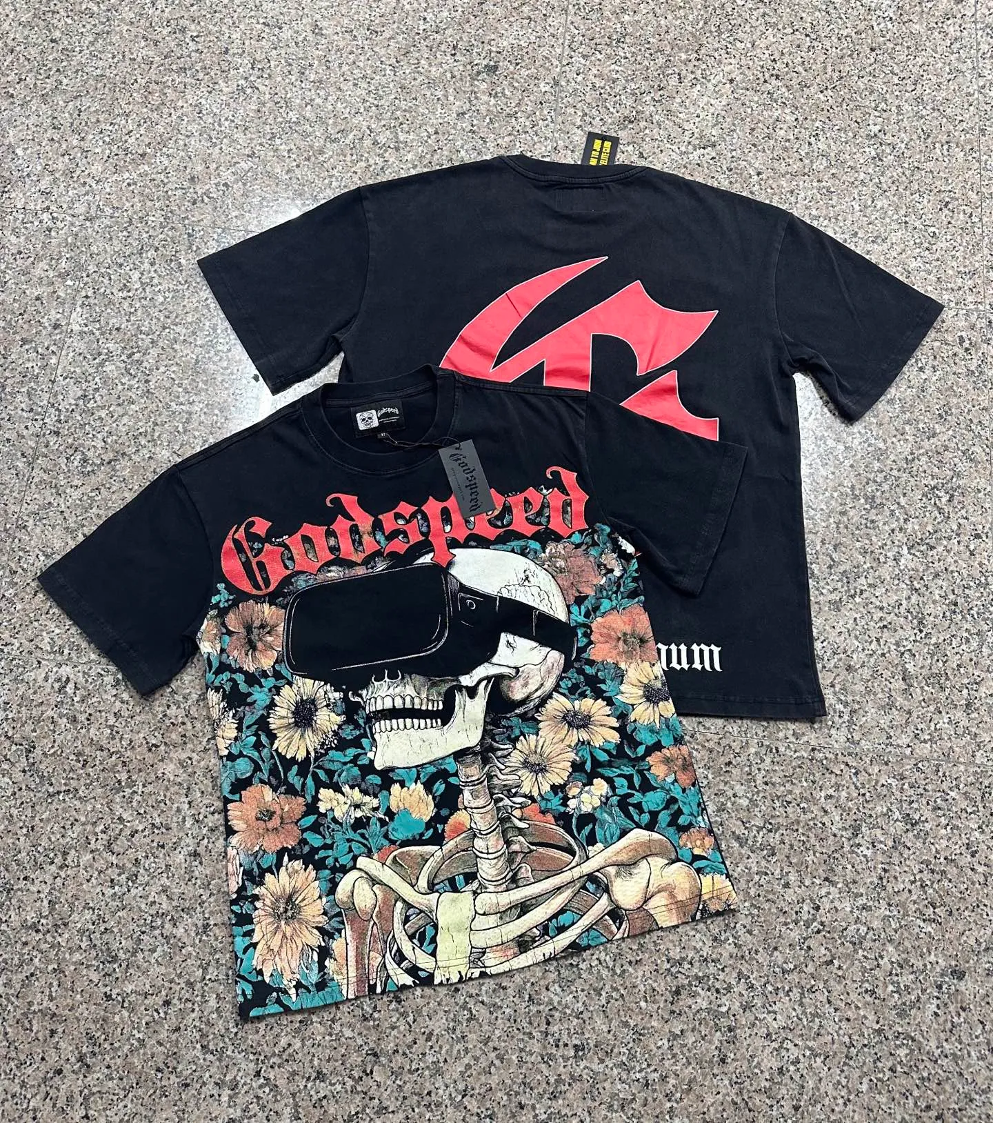 6135# washed black I P116 real stock (American trendy niche) Godspeed cross-border American rock street washed retro style short-sleeved T (craft printing) fabric (fabric): 32 counts combed double yarn 250 grams weight code (size): S-M-L-XL color (colour): washed black