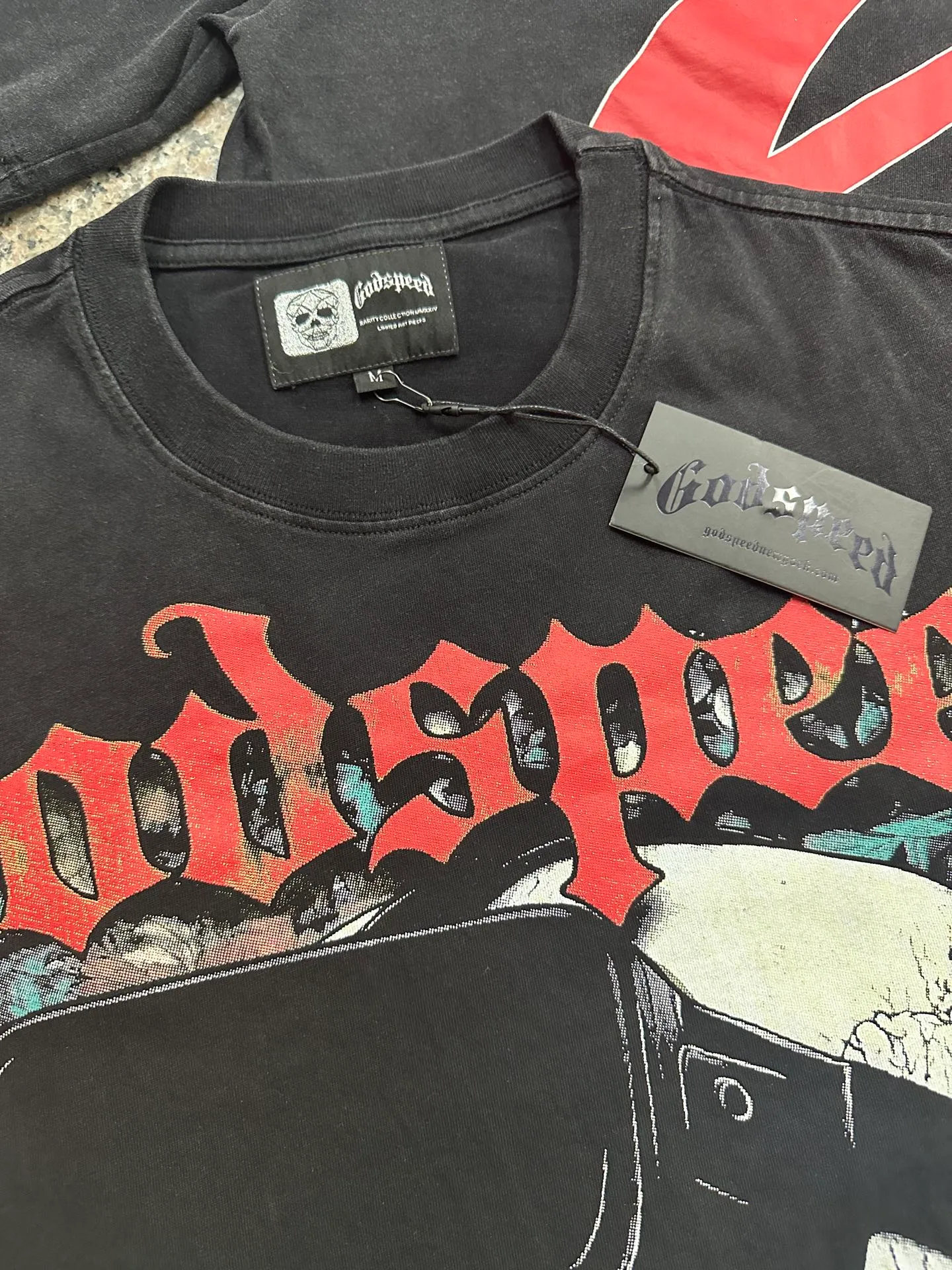 6135# washed black I P116 real stock (American trendy niche) Godspeed cross-border American rock street washed retro style short-sleeved T (craft printing) fabric (fabric): 32 counts combed double yarn 250 grams weight code (size): S-M-L-XL color (colour): washed black