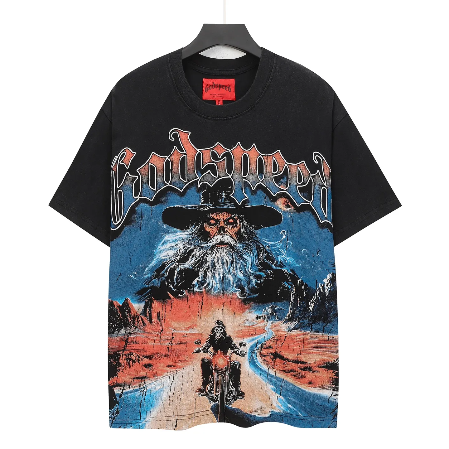 6303# Washed black I P116 Real stock (American fashion niche) Godspeed cross-border American rock street washed retro style short-sleeved T (craft printing) Fabric (fabric): 32 counts combed double yarn 250 grams weight Size (size): S-M-L-XL Color (colour): Washed black