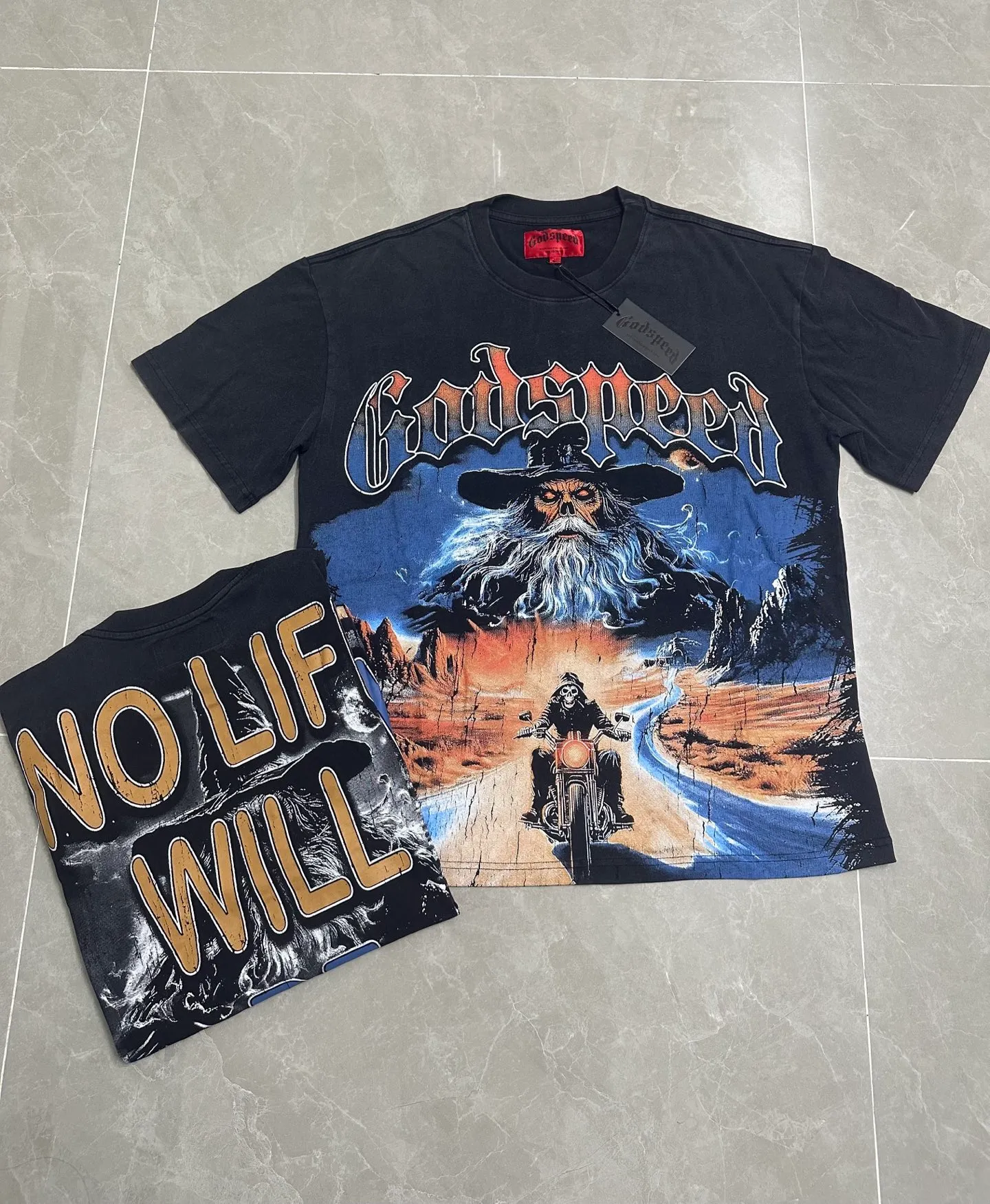6303# Washed black I P116 Real stock (American fashion niche) Godspeed cross-border American rock street washed retro style short-sleeved T (craft printing) Fabric (fabric): 32 counts combed double yarn 250 grams weight Size (size): S-M-L-XL Color (colour): Washed black