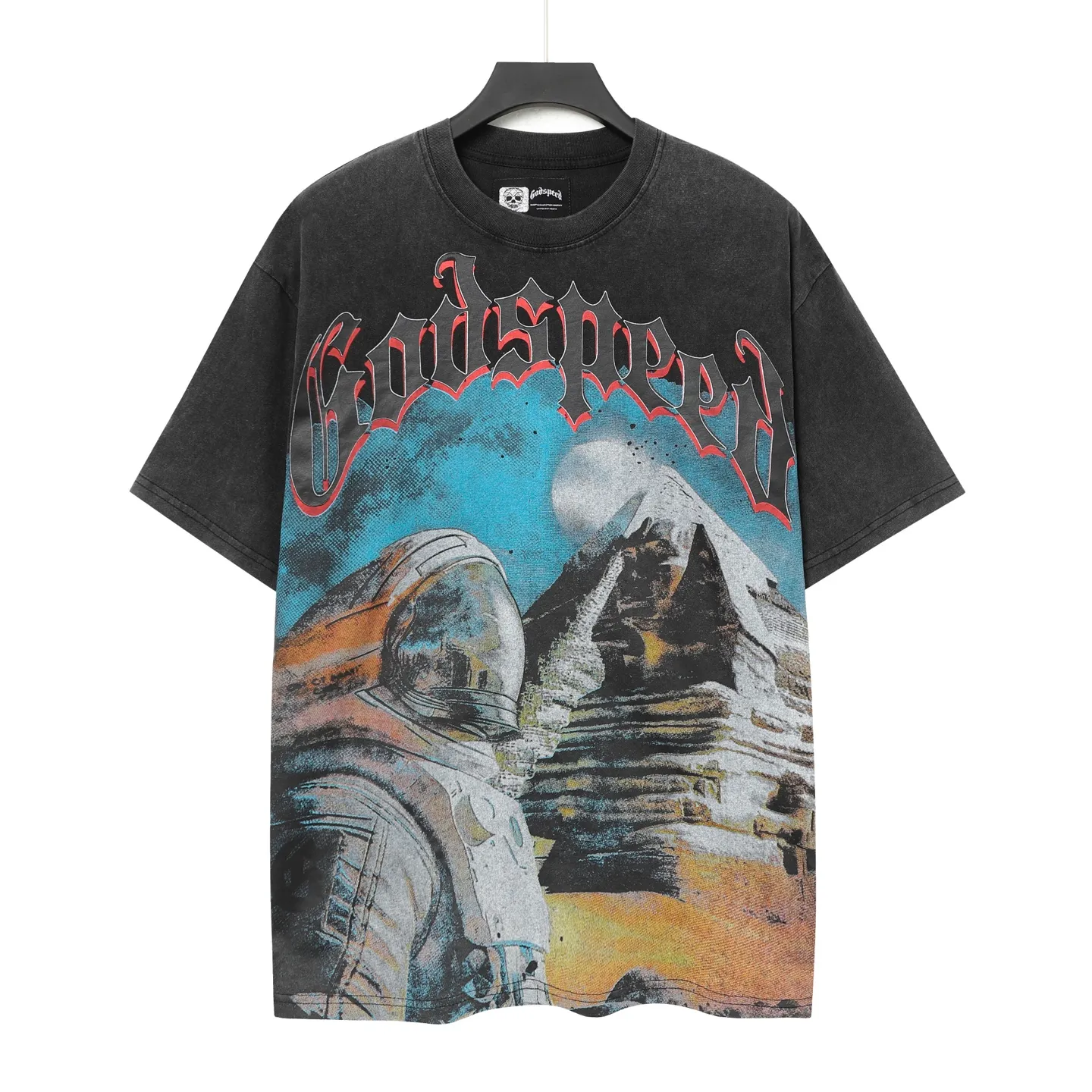 6041# washed black｜P116 Godspeed cross-border American rock and roll street washed retro style short-sleeved T (craft printing) fabric (fabric): 32 count combed double yarn 250 grams weight code (size): S-M-L-XL color (colour): washed black 👉