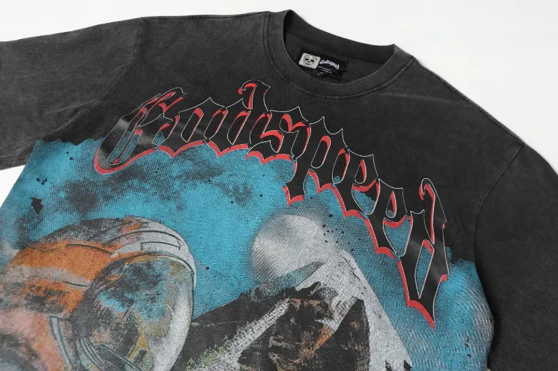 6041# washed black｜P116 Godspeed cross-border American rock and roll street washed retro style short-sleeved T (craft printing) fabric (fabric): 32 count combed double yarn 250 grams weight code (size): S-M-L-XL color (colour): washed black 👉