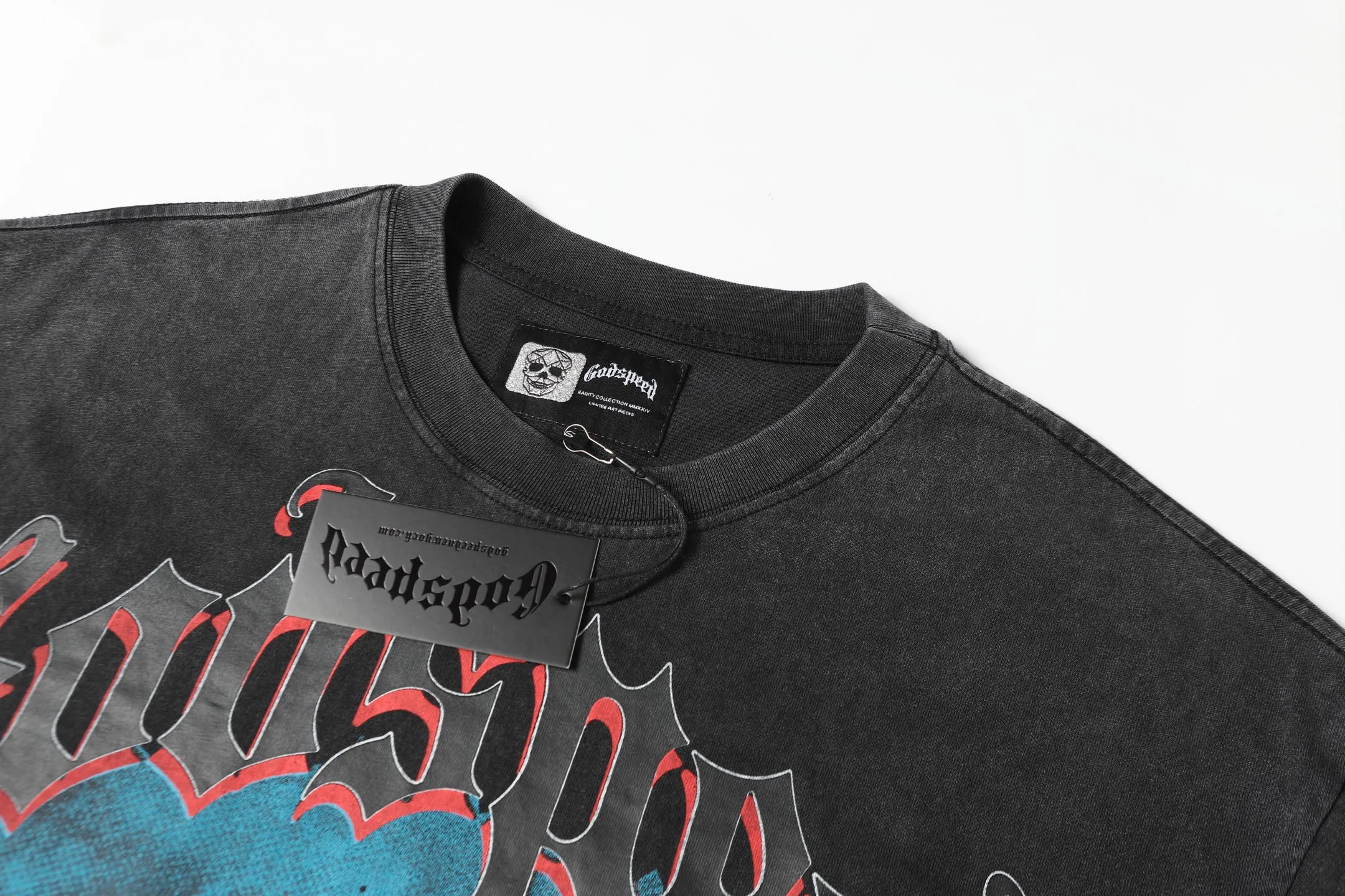 6041# washed black｜P116 Godspeed cross-border American rock and roll street washed retro style short-sleeved T (craft printing) fabric (fabric): 32 count combed double yarn 250 grams weight code (size): S-M-L-XL color (colour): washed black 👉
