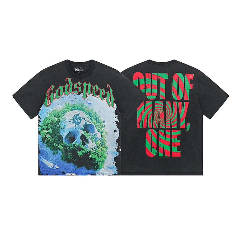 1030# P126 Washed Black Real Shot Godspeed American Fashion Rock Street Retro Washed Distressed Printed Pure Cotton Short Sleeves Fabric: 250g 32 Count Fine Cotton Double Yarn Pure Cotton Color: Washed Black Size: S M L XL
