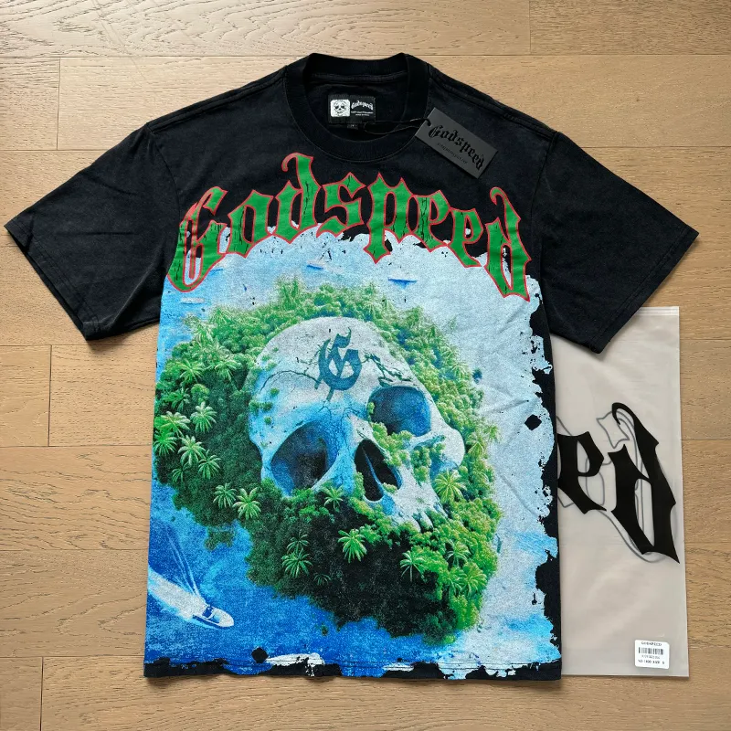 1030# P126 Washed Black Real Shot Godspeed American Fashion Rock Street Retro Washed Distressed Printed Pure Cotton Short Sleeves Fabric: 250g 32 Count Fine Cotton Double Yarn Pure Cotton Color: Washed Black Size: S M L XL