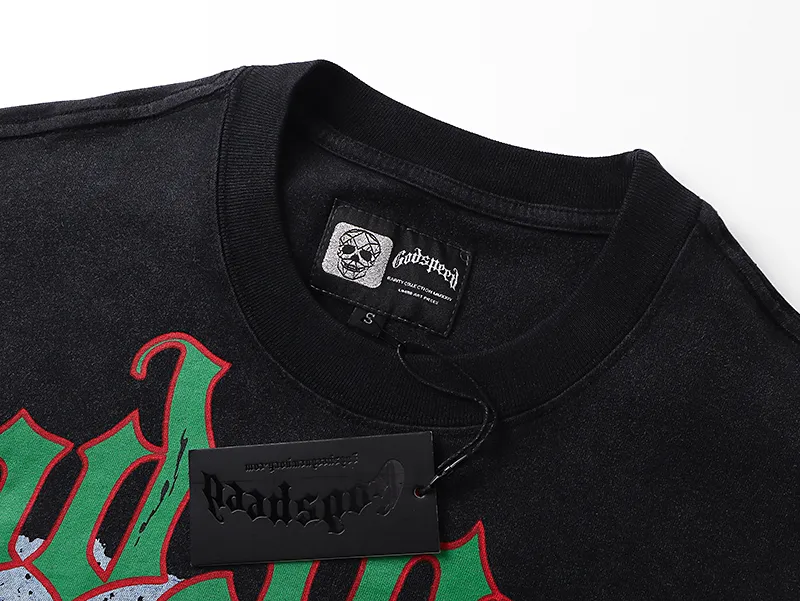 1030# P126 Washed Black Real Shot Godspeed American Fashion Rock Street Retro Washed Distressed Printed Pure Cotton Short Sleeves Fabric: 250g 32 Count Fine Cotton Double Yarn Pure Cotton Color: Washed Black Size: S M L XL