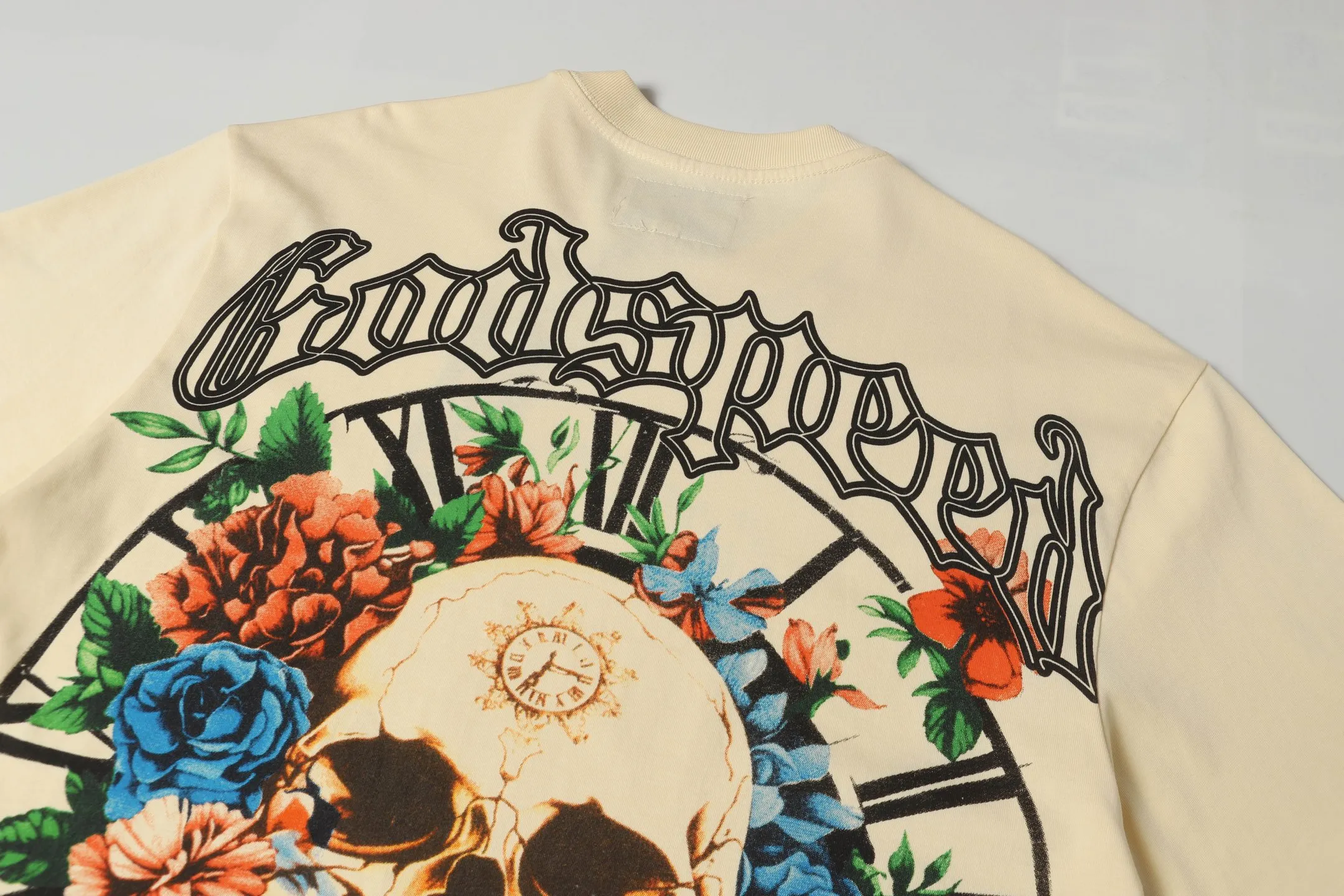 5046# White/Apricot｜P104 Godspeed cross-border American rock and roll street washed retro style short-sleeved T (craft printing) fabric (fabric) 32 counts combed double yarn 240 grams weight code number (size): S-M-L-XL color (colour): apricot.white