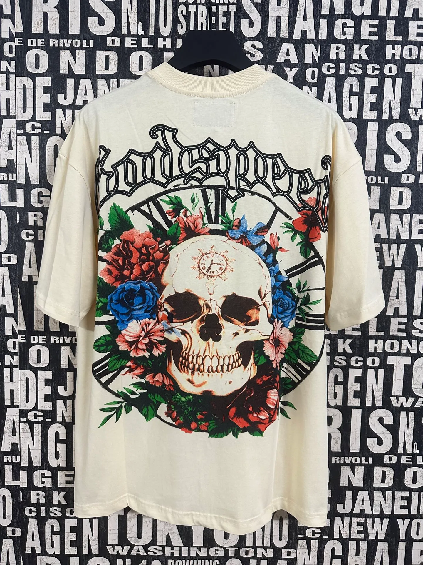 5046# White/Apricot｜P104 Godspeed cross-border American rock and roll street washed retro style short-sleeved T (craft printing) fabric (fabric) 32 counts combed double yarn 240 grams weight code number (size): S-M-L-XL color (colour): apricot.white